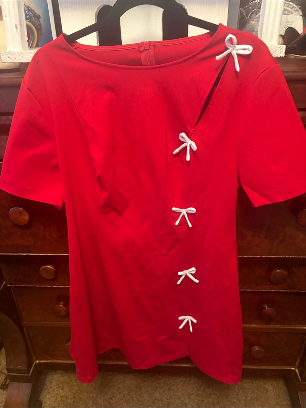 Red Short Sleeve Tunic with White Bow Accents L